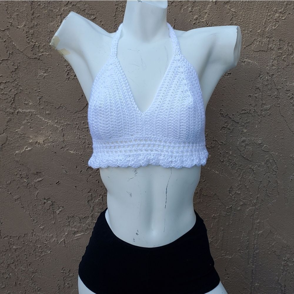 Hand Crafted White Crochet Halter Top Bralette Size L